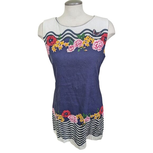 Desigual Prudencia Sheath Dress US 10 Linen Blend Sleeveless Navy Floral Waves - Picture 6 of 12